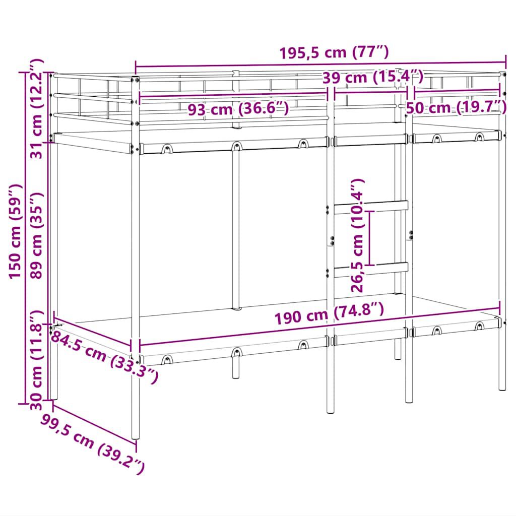 vidaXL Κουκέτα χωρίς στρώμα Μαύρο 100x190 cm Ατσάλι