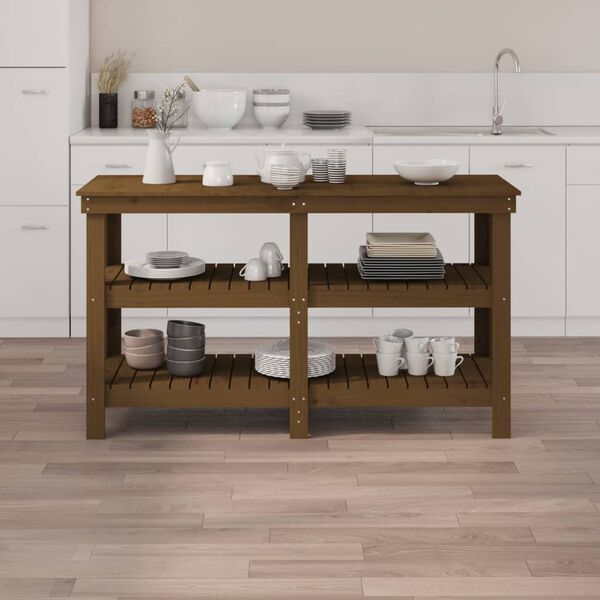 vidaXL Πάγκος Εργασίας Μελί Καφέ 142,5 x 50 x 80 εκ. Μασίφ Ξύλο Πεύκου