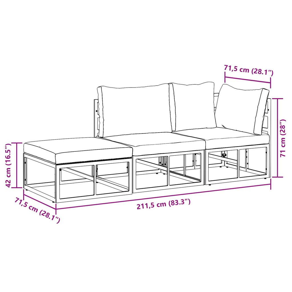 vidaXL Σετ Καναπέ Κήπου 3 pcs Μαύρο 211.5 x 71.5 x 71 εκ Αλουμίνιο