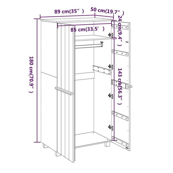 vidaXL Ντουλάπα HAMAR Αν. Γκρι 89 x 50 x 180 εκ. από Μασίφ Ξύλο Πεύκου