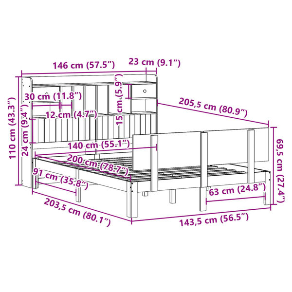 vidaXL Κρεβάτι Βιβλιοθήκη Χωρίς Στρώμα 140x200 εκ Μασίφ Ξύλο Πεύκο