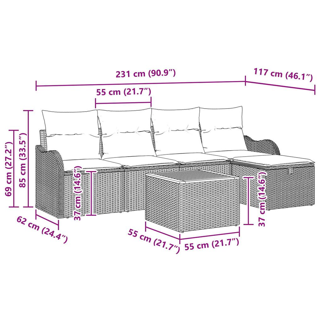 vidaXL Σετ Καναπέ Κήπου με μαξιλάρι 6 pcs Γκρι Πολυ ράταν