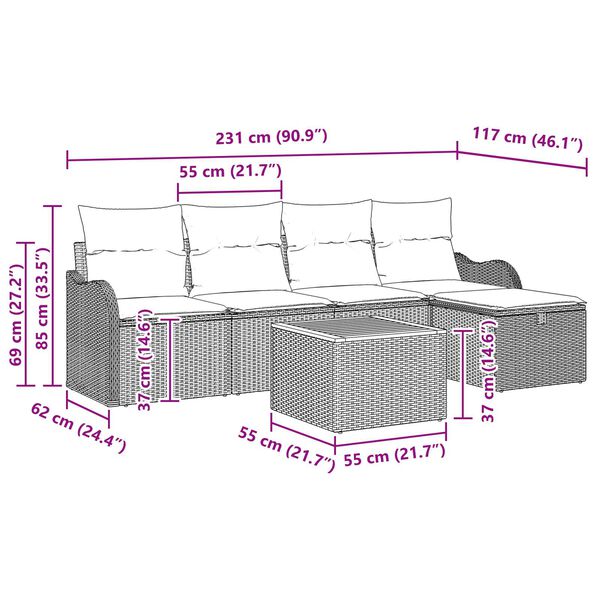 vidaXL Σετ Καναπέ Κήπου με μαξιλάρι 6 pcs Γκρι Πολυ ράταν