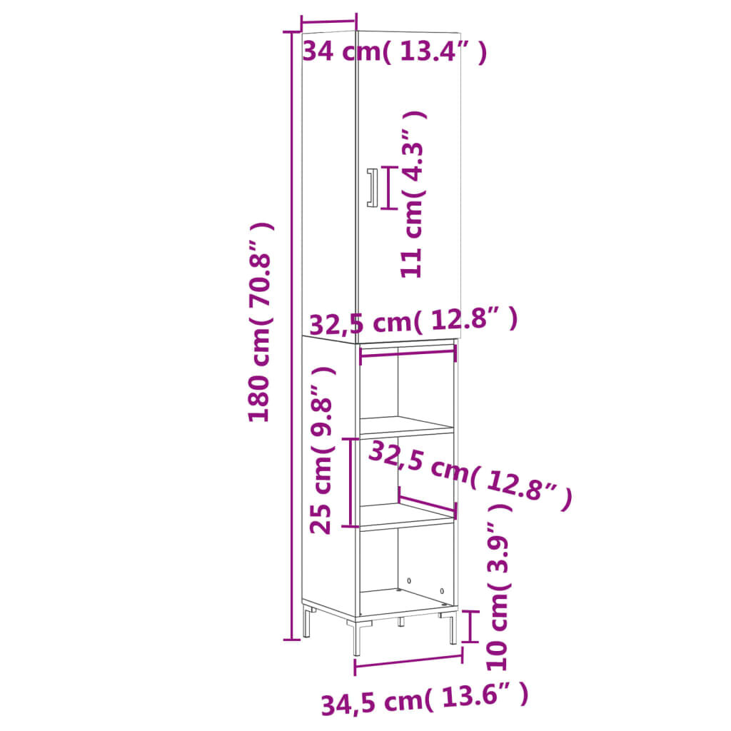 vidaXL Ντουλάπι Μαύρο 34,5 x 34 x 180 εκ. από Επεξεργασμένο Ξύλο