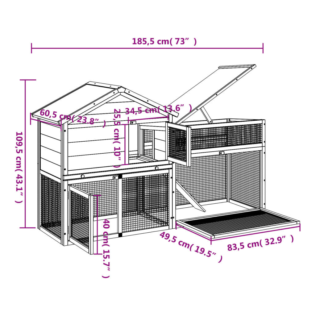 vidaXL Κλουβί Κουνελιών Μόκα 185,5x60,5x109,5 εκ. Μασίφ Ξύλο Πεύκου
