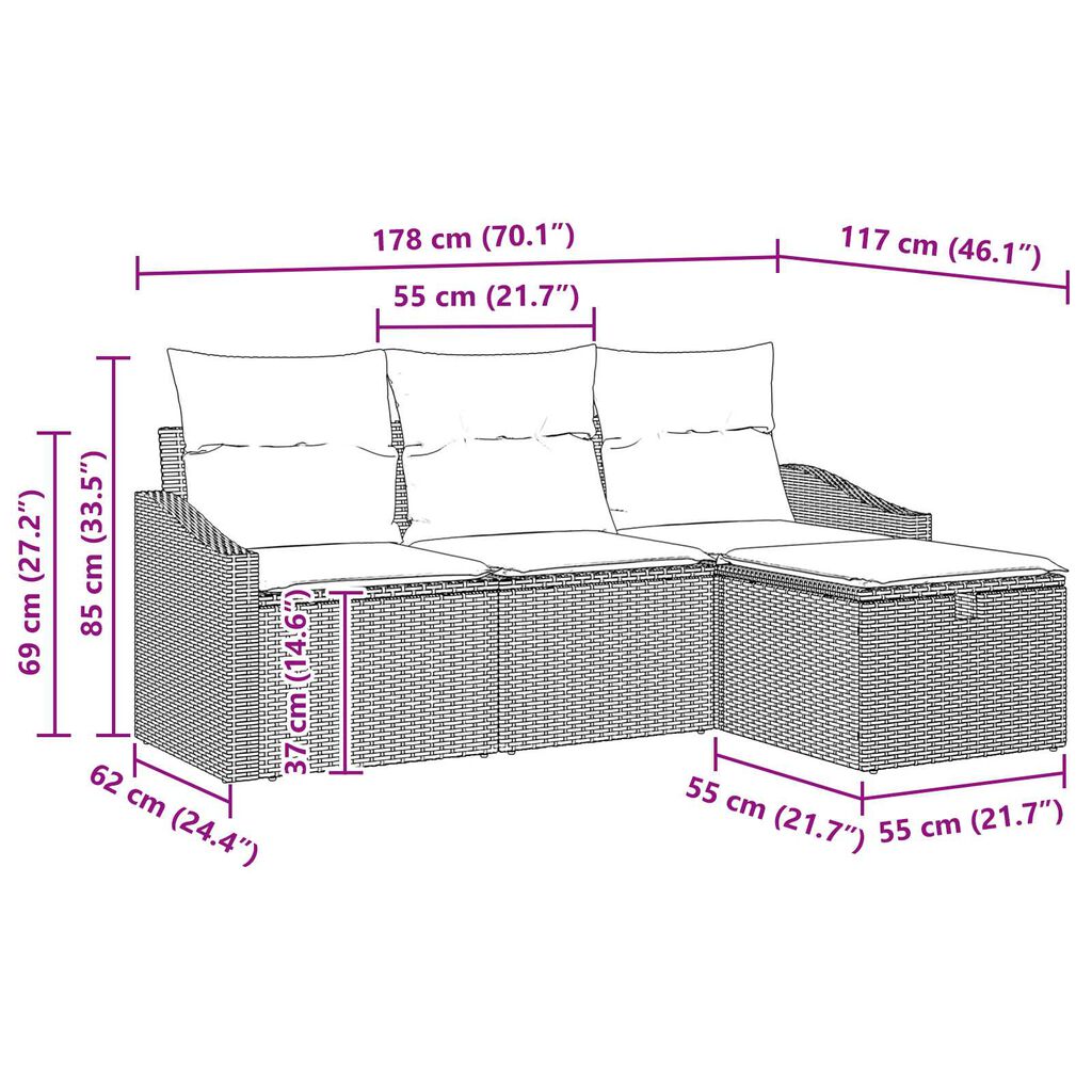 vidaXL Σετ Καναπέ Κήπου με μαξιλάρι 4 pcs Γκρι Πολυ ράταν