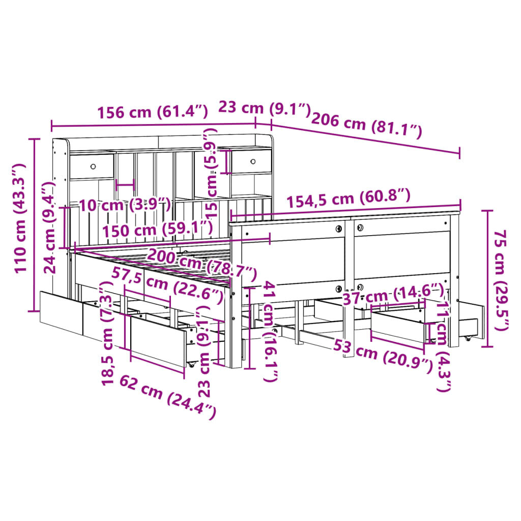 vidaXL Κρεβάτι Βιβλιοθήκη Χωρίς Στρώμα 150x200 εκ Μασίφ Ξύλο Πεύκου