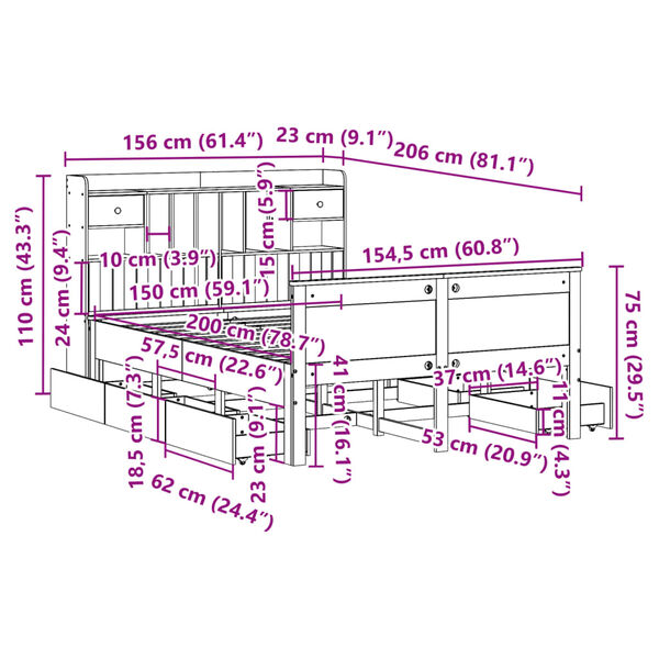vidaXL Κρεβάτι Βιβλιοθήκη Χωρίς Στρώμα 150x200 εκ Μασίφ Ξύλο Πεύκου