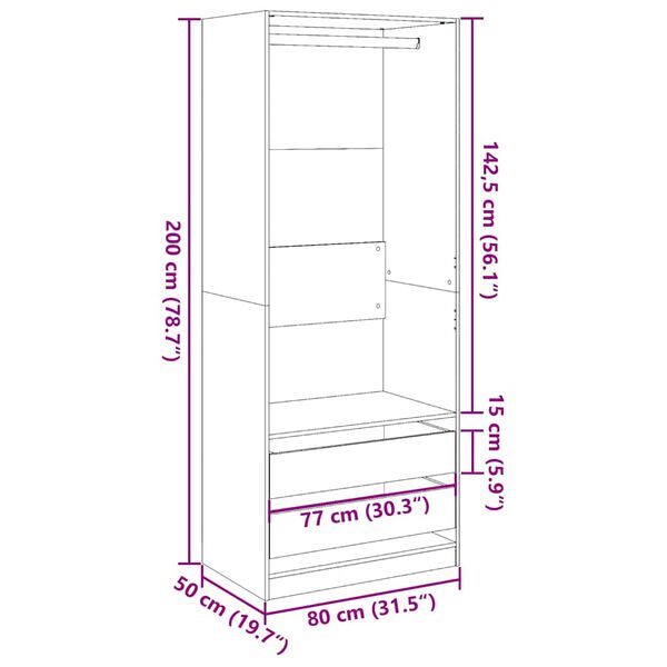 vidaXL Ντουλάπα Καφέ Δρυς 80x50x200 εκ. από Επεξεργασμένο Ξύλο