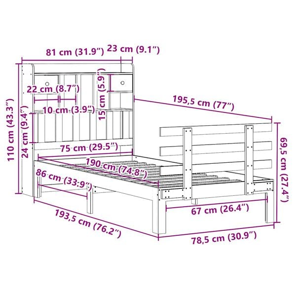 vidaXL Κρεβάτι Βιβλιοθήκη Χωρίς Στρώμα 75x190 εκ Μασίφ Ξύλο Πεύκο