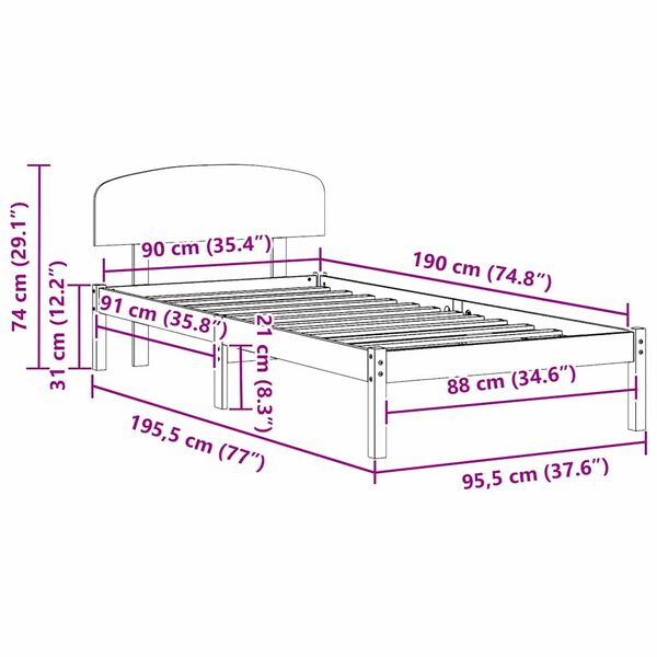 vidaXL Σκελετός Κρεβατιού Καφέ 90 x 190 cm Μασίφ ξύλο πεύκου
