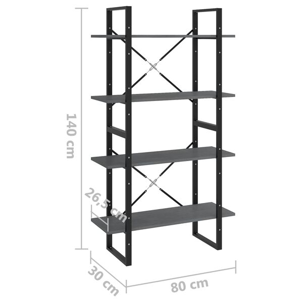 vidaXL Βιβλιοθήκη με 4 Ράφια Γκρι 80 x 30 x 140 εκ. Μασίφ Ξύλο Πεύκου