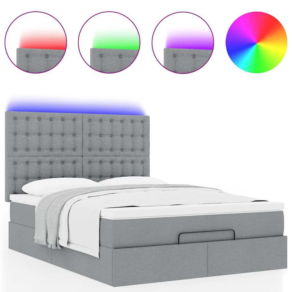 vidaXL Οθωμανικό κρεβάτι με στρώμα&LEDs Ανοιχτό γκρι 140x190cm Ύφασμα