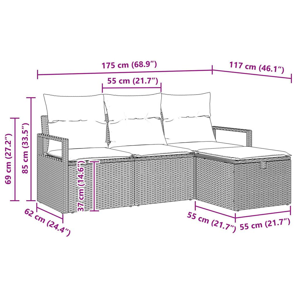 vidaXL Σετ Καναπέ Κήπου 4 pcs Γκρι 175 x 117 x 85 εκ. Πολυ ράταν
