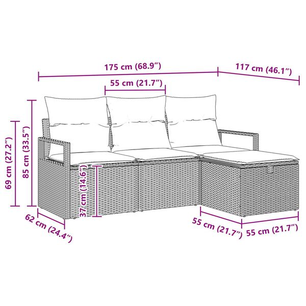 vidaXL Σετ Καναπέ Κήπου 4 pcs Γκρι 175 x 117 x 85 εκ. Πολυ ράταν