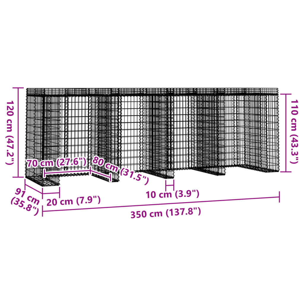 vidaXL Συρματοκιβώτιο Τοίχου Κάδου Απορ. 350x91x120 εκ Γαλβαν. Σίδηρος