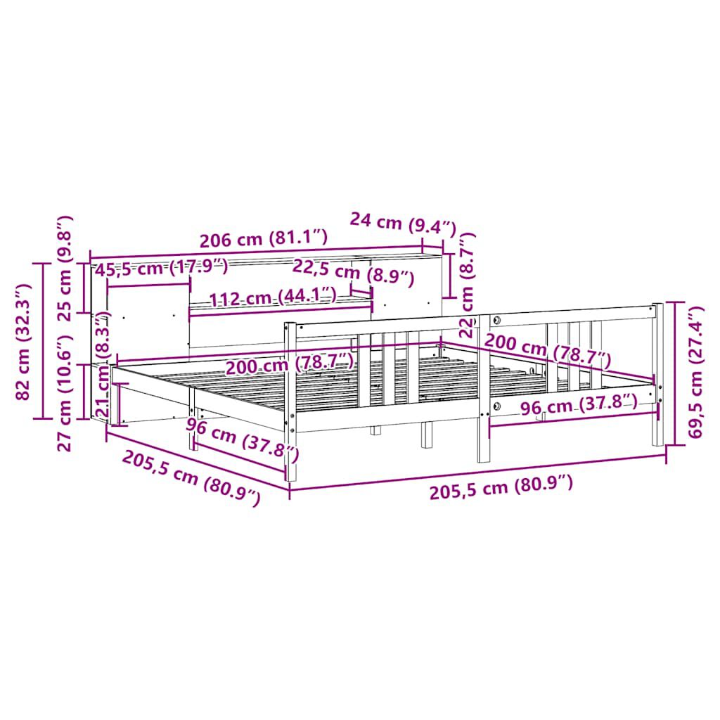 vidaXL Κρεβάτι Βιβλιοθήκη Χωρίς Στρώμα 200x200 εκ Μασίφ Ξύλο Πεύκου