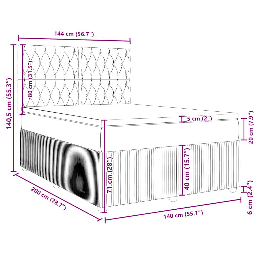 vidaXL Κρεβάτι Boxspring με Στρώμα Ανοιχτό Γκρι 140x200 εκ. Βελούδινο