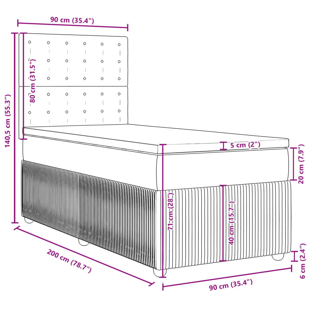 vidaXL Κρεβάτι Boxspring με Στρώμα Μαύρο 90x200 εκ. Βελούδινο