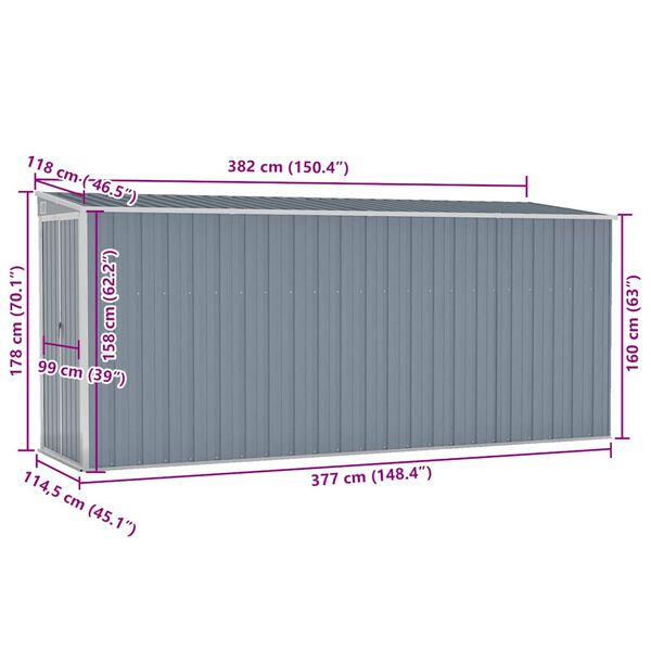 vidaXL Αποθήκη Κήπου Επιτοίχια Γκρι 118x382x178 εκ από Γαλβ. Ατσάλι