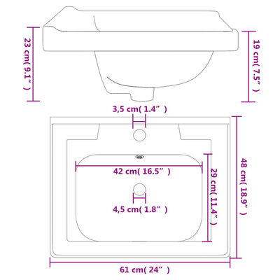 vidaXL Νιπτήρας Μπάνιου Ορθογώνιος Λευκός 61 x 48 x 23 εκ. Κεραμικός