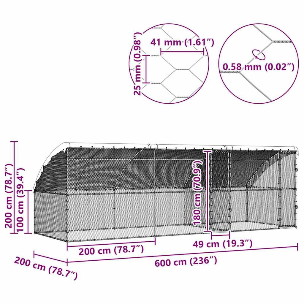 vidaXL Κλουβί για κότες Ασημί 600 x 200 x 198.5 εκ