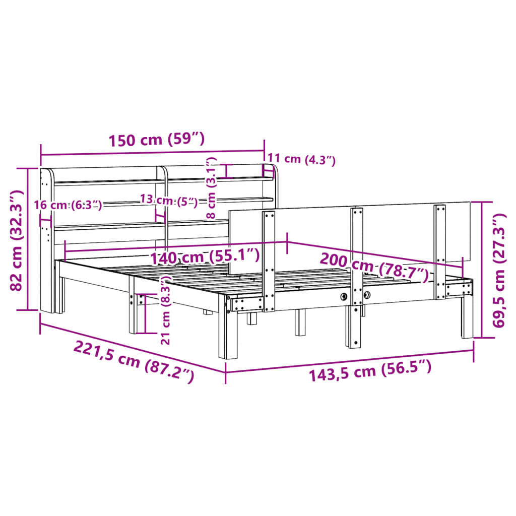 vidaXL Πλαίσιο Κρεβατιού με Κεφαλάρι 140x200 εκ. από Μασίφ Ξύλο Πεύκου