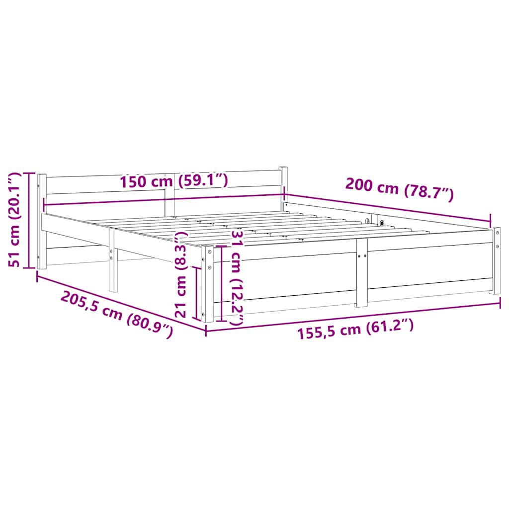 vidaXL Πλαίσιο Κρεβατιού Μαύρο 150 x 200 εκ. Μασίφ Ξύλο King Size