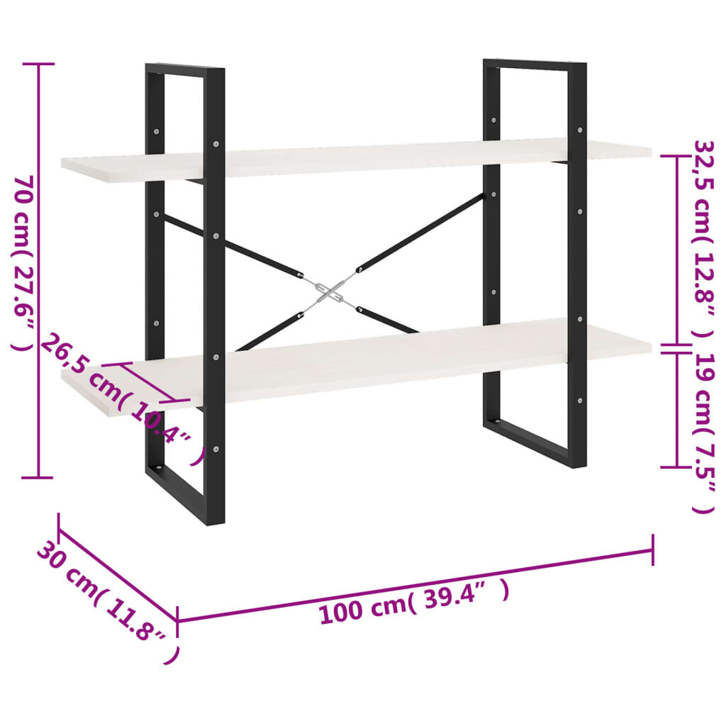vidaXL Βιβλιοθήκη με 2 Ράφια Λευκή 100x30x70 εκ. από Μασίφ Ξύλο Πεύκου