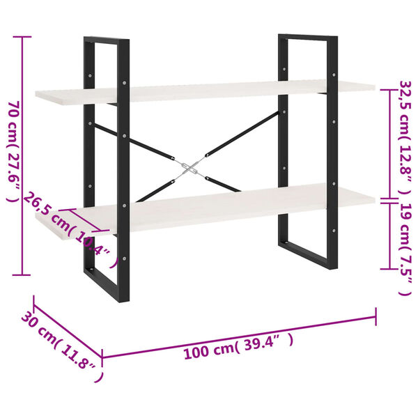 vidaXL Βιβλιοθήκη με 2 Ράφια Λευκή 100x30x70 εκ. από Μασίφ Ξύλο Πεύκου