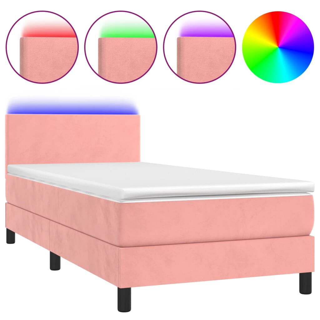 vidaXL Κρεβάτι Boxspring με Στρώμα & LED Ροζ 90x190 εκ. Βελούδινο