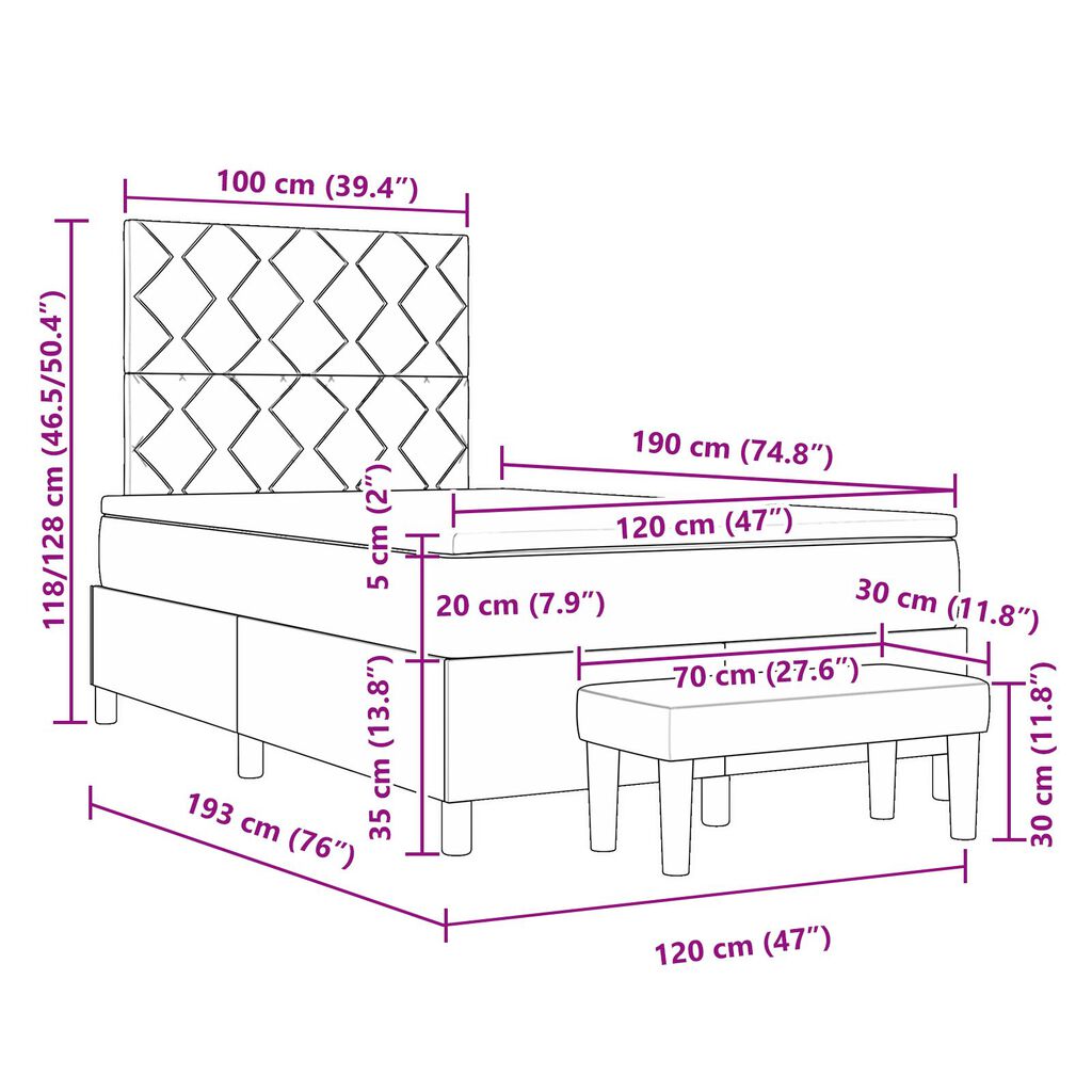 vidaXL Κρεβάτι Box Spring με Στρώμα & Πάγκο Μαύρο 120x190 εκ Ύφασμα