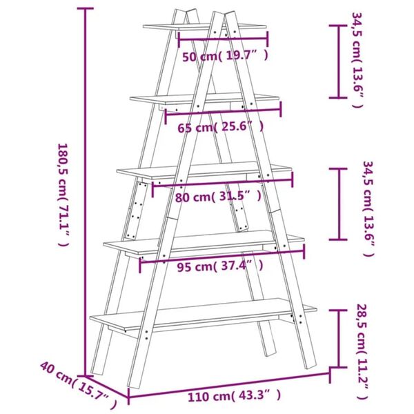 vidaXL Ραφιέρα 5 Επιπέδων Σχήμα Α 110x40x180,5 εκ. Μασίφ Ξύλο Πεύκου