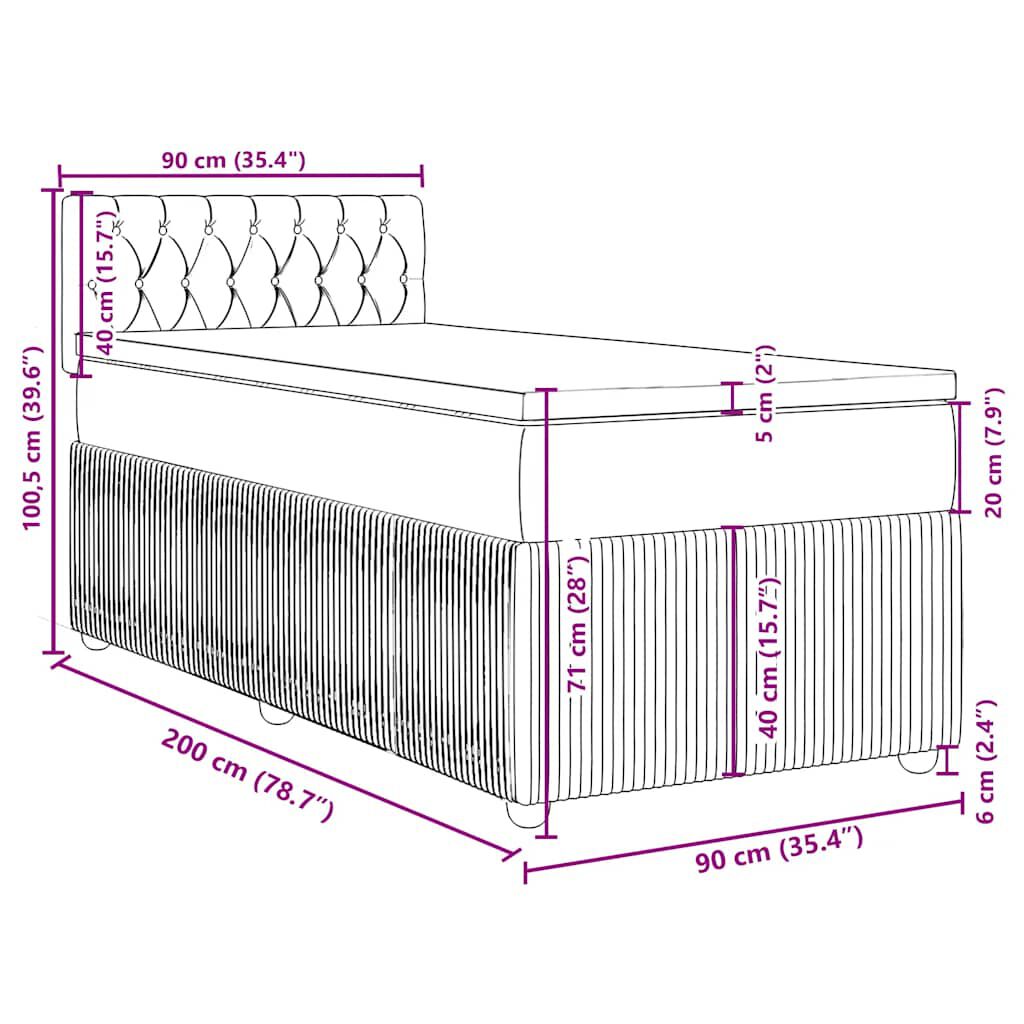 vidaXL Κρεβάτι Boxspring με Στρώμα Σκούρο Γκρι 90x200 εκ. Βελούδινο