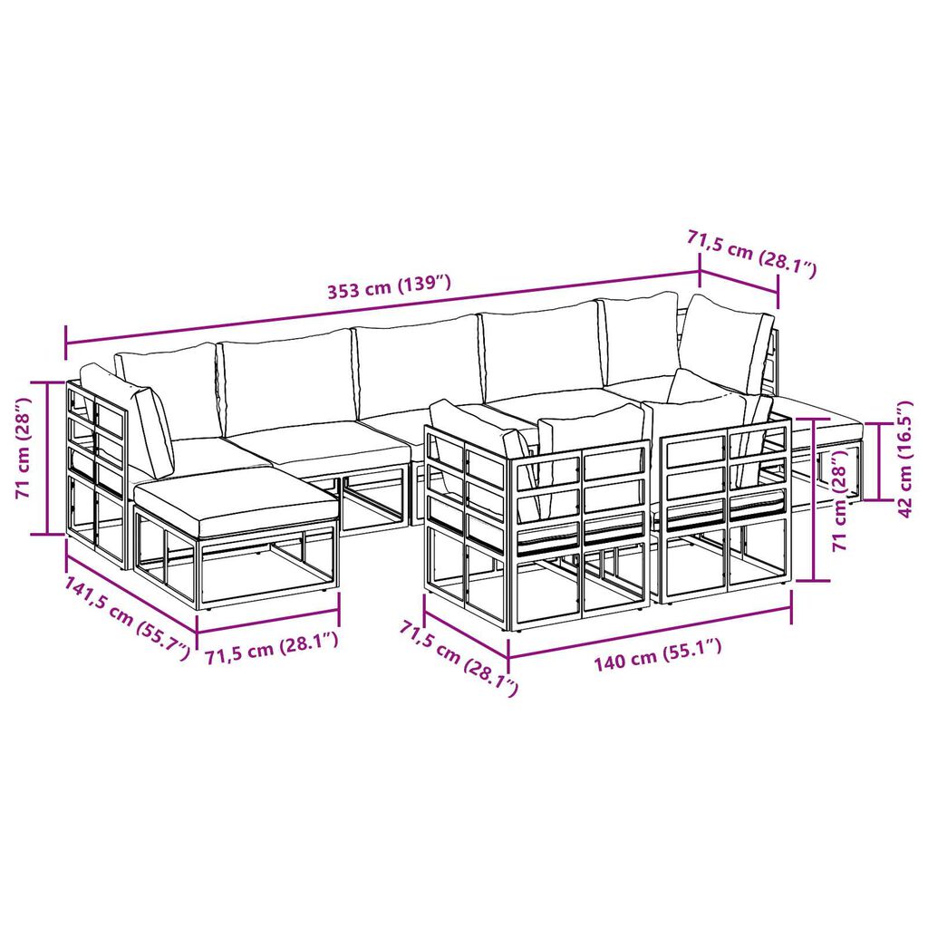 vidaXL Σετ Καναπέ Κήπου 9 pcs Μαύρο 353 x 141.5 x 71 εκ Αλουμίνιο