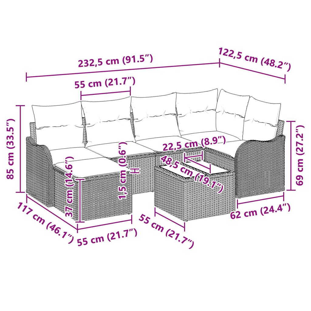 vidaXL Σετ Καναπέ Κήπου με μαξιλάρι 7 pcs Γκρι Πολυ ράταν