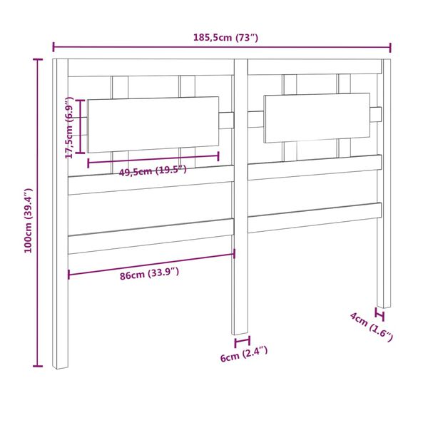 vidaXL Κεφαλάρι Κρεβατιού Μαύρο 185,5x4x100 εκ. Μασίφ Ξύλο Πεύκου