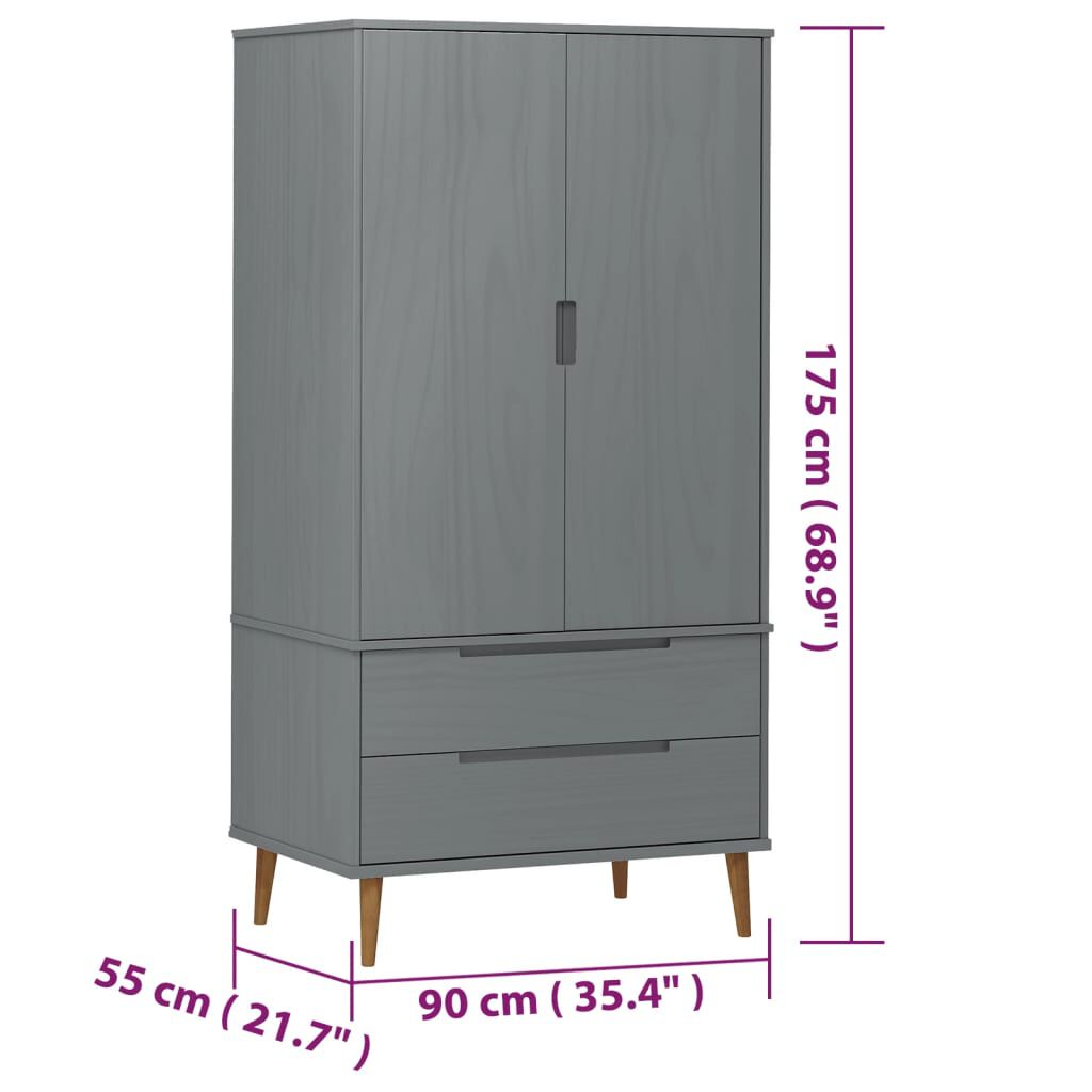vidaXL Ντουλάπα MOLDE Γκρι 90x55x175 εκ. από Μασίφ Ξύλο Πεύκου