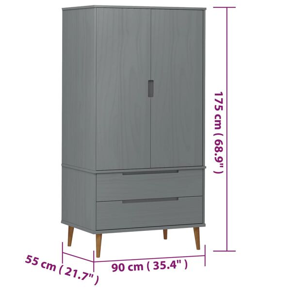 vidaXL Ντουλάπα MOLDE Γκρι 90x55x175 εκ. από Μασίφ Ξύλο Πεύκου