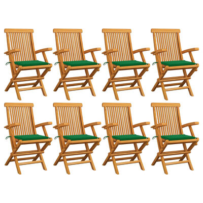 vidaXL Καρέκλες Κήπου 8 τεμ. Μασίφ Ξύλο Teak με Πράσινα Μαξιλάρια