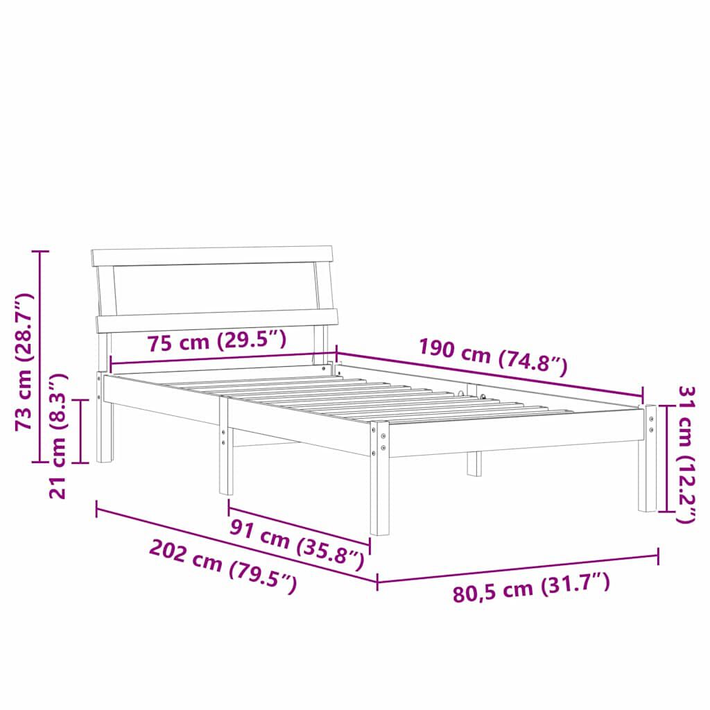 vidaXL Σκελετός Κρεβατιού Λευκό 75 x 190 cm Μασίφ ξύλο πεύκου