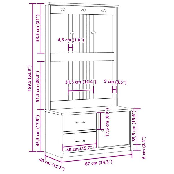 vidaXL Δέντρο χωλ "SANDNES" 87x40x159,5 εκ. Πεύκο μασίφ ξύλο