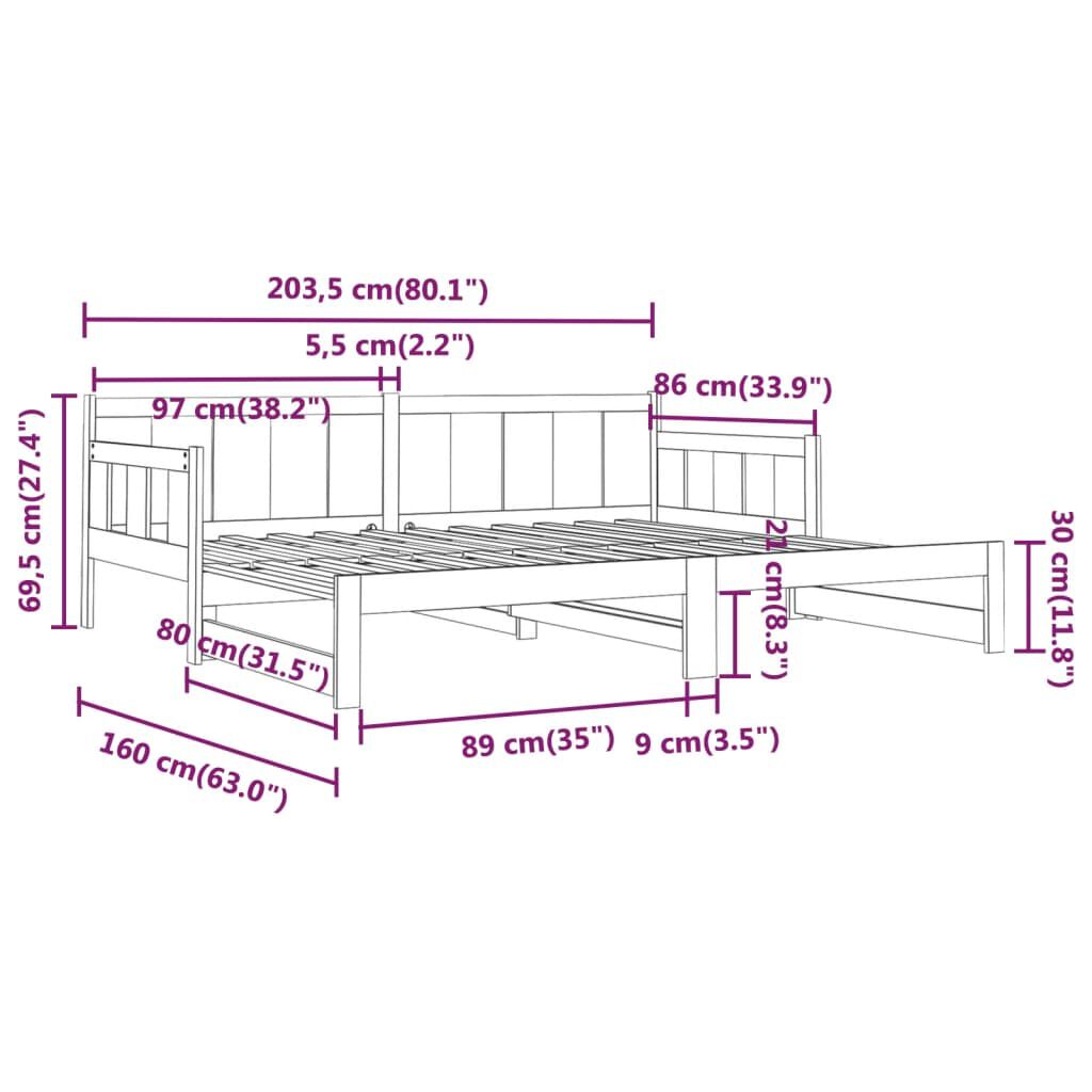 vidaXL Καναπές Κρεβάτι Συρόμενος Μαύρος 2x(80x200) εκ. από Μασίφ Πεύκο