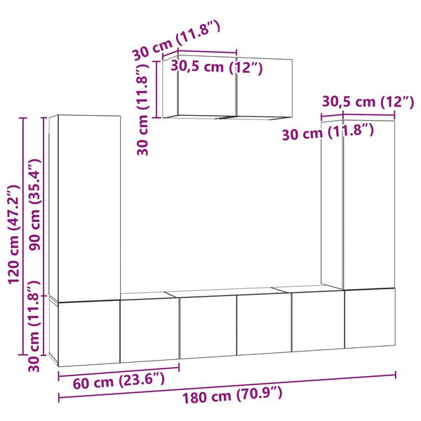 vidaXL Σετ επίπλου τηλεόρασης 7 pcs Παλιό ξύλο 180 x 30 x 120 εκ.