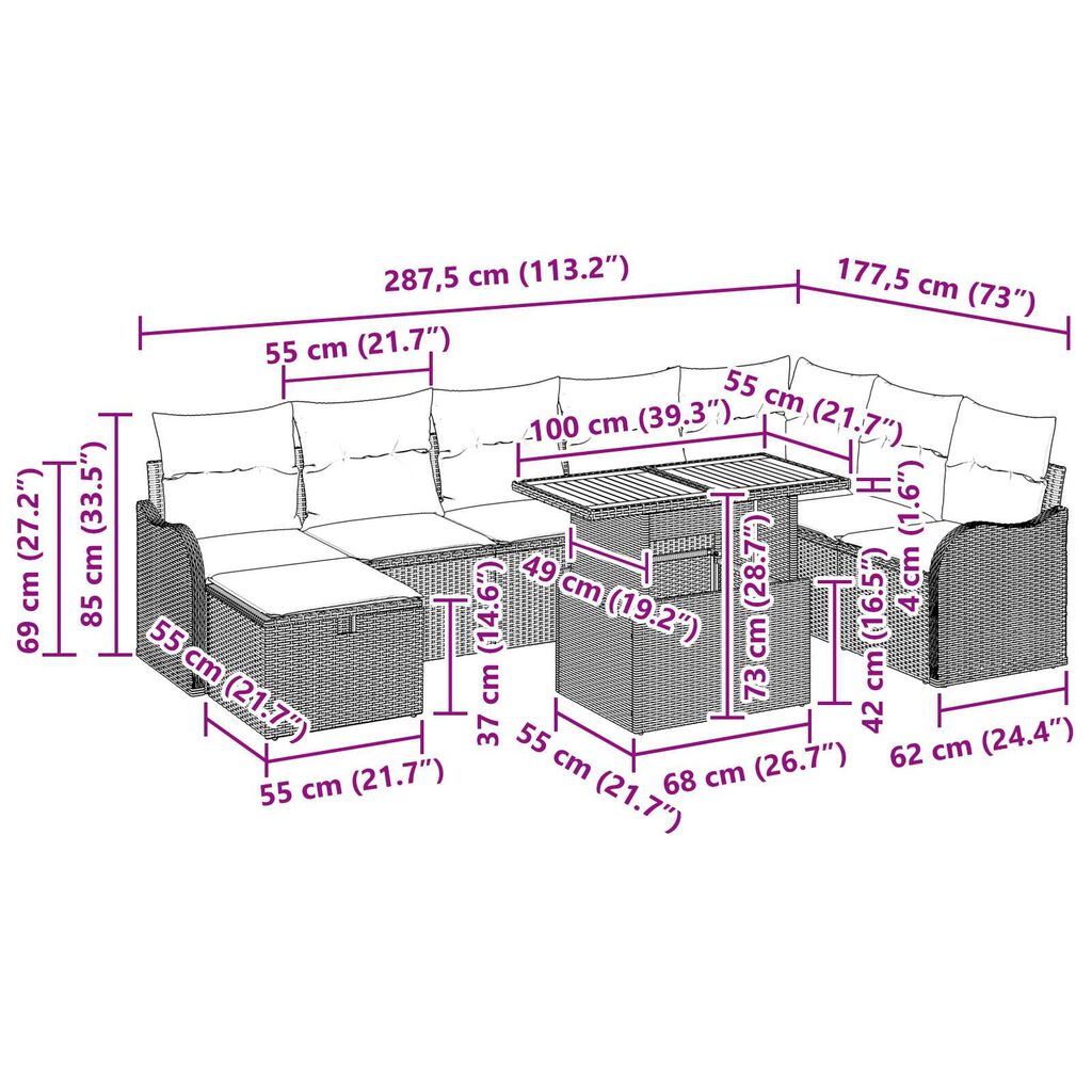 vidaXL Σετ Καναπέ Κήπου 9 pcs Μαύρο συνθετικό ρατάν