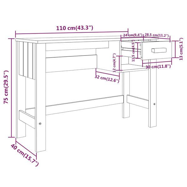 vidaXL Γραφείο HAMAR Καφέ Μελί 110 x 40 x 75 εκ. Μασίφ Ξύλο Πεύκου