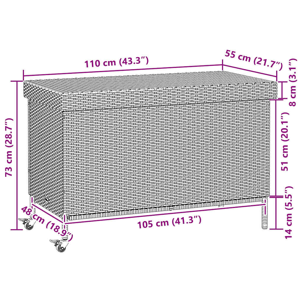 vidaXL Κουτί Αποθήκευσης Κήπου με Ρόδες 110x55x73 εκ. Συνθετικό Ρατάν