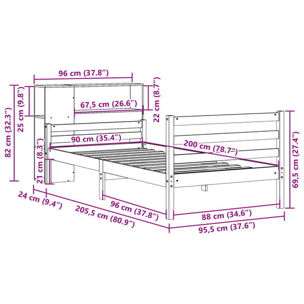 vidaXL Κρεβάτι Βιβλιοθήκη Χωρίς Στρώμα 90x200 εκ Μασίφ Ξύλο Πεύκου