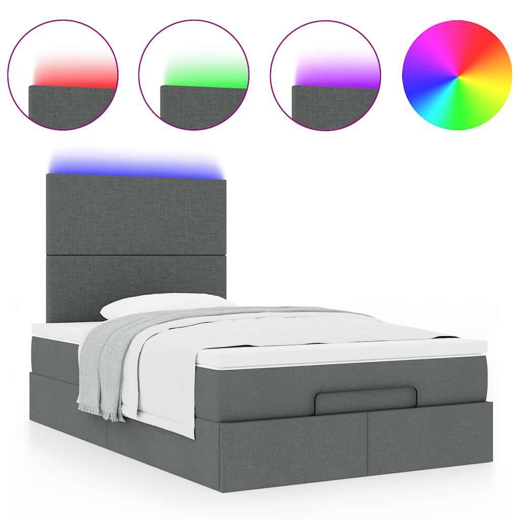 vidaXL Οθωμανικό κρεβάτι με στρώμα & LEDs Σκούρο γκρι 120x190cm Ύφασμα
