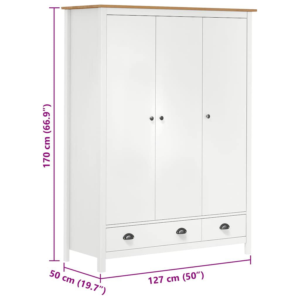vidaXL Ντουλάπα Hill Τρίφυλλη Λευκή 127x50x170 εκ. Μασίφ Ξύλο Πεύκου
